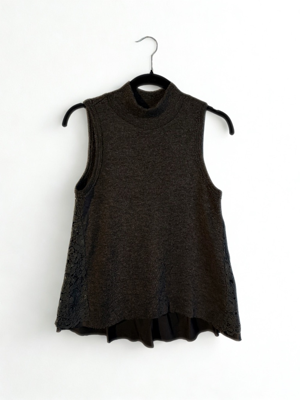 Moth Sleeveless Mock Neck Tank in Dark Charcoal with Lace Panels